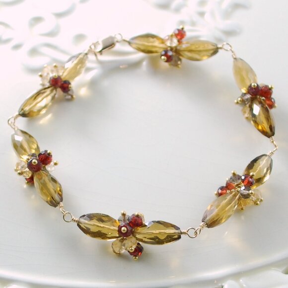 Fall Gemstone Bracelet with Quartz and Garnets in Gold - Picture 1 of 6